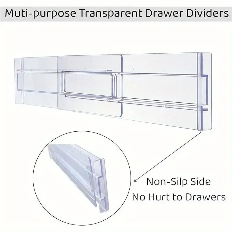 Clear plastic drawer dividers with non-slip sides for adjustable organization without damaging drawers