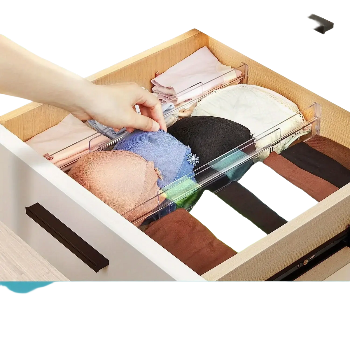 Clear plastic drawer dividers made of clear acrylic with multiple adjustable compartments for organizing lingerie socks and ties