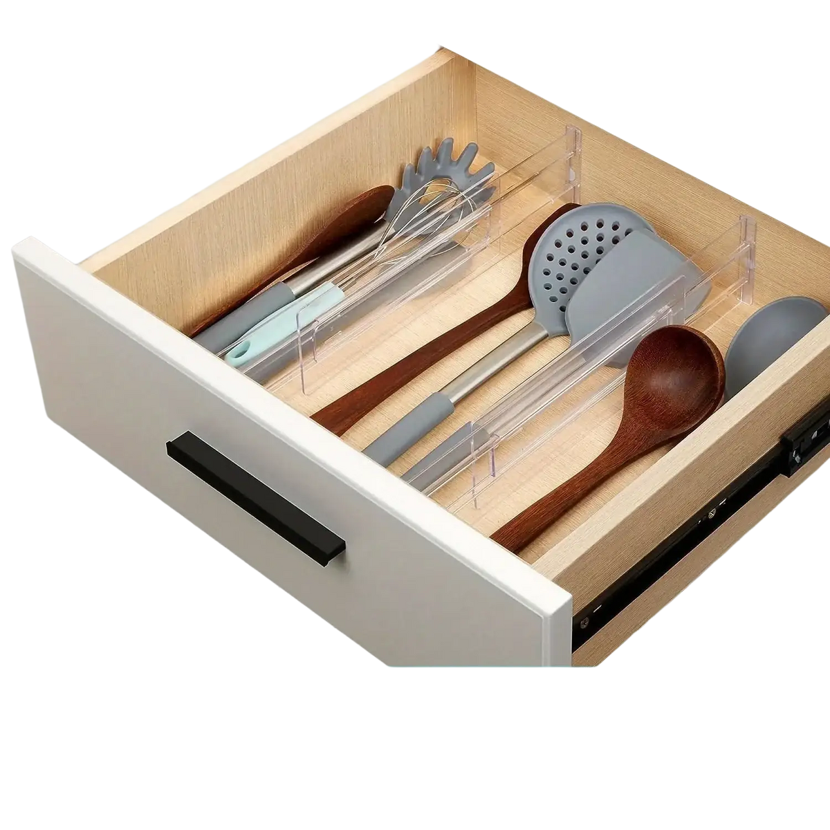 Clear plastic adjustable drawer dividers made of acrylic organizing wooden and silicone kitchen utensils