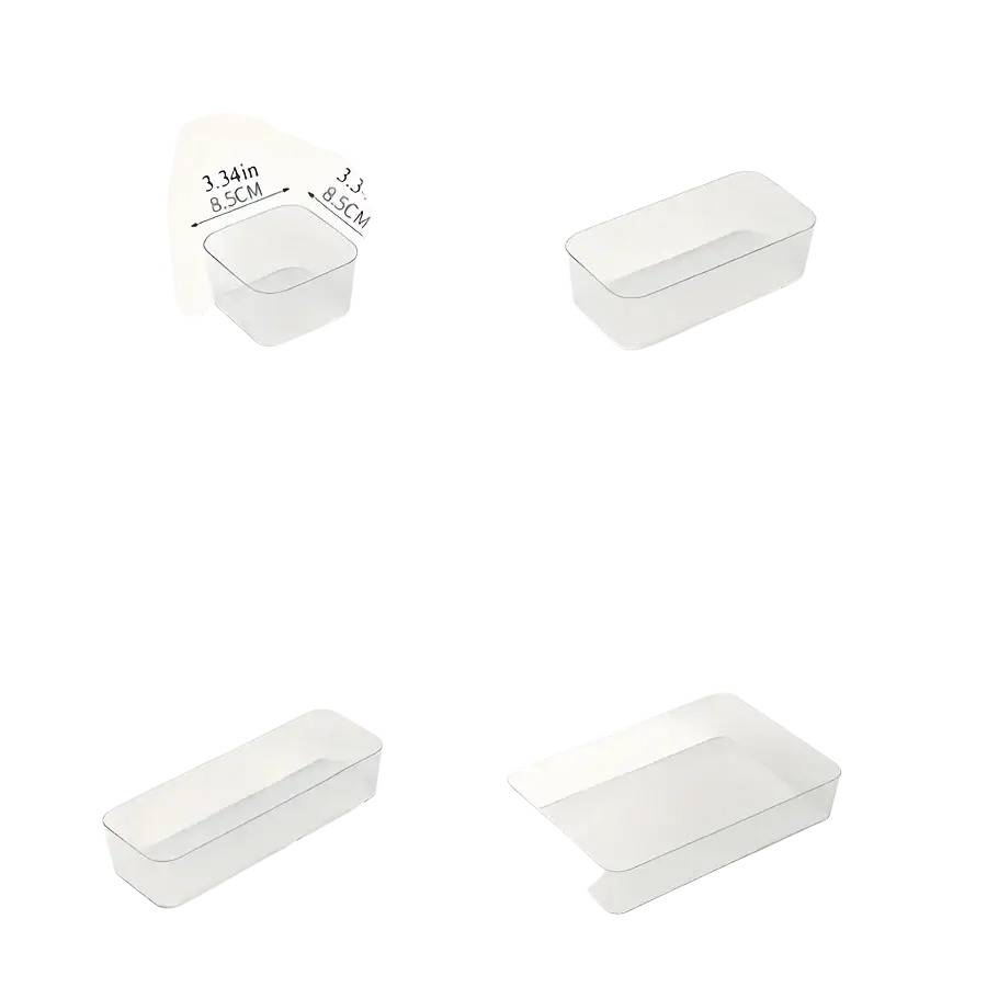 Clear plastic rectangular storage containers in multiple sizes for organizing makeup and office supplies