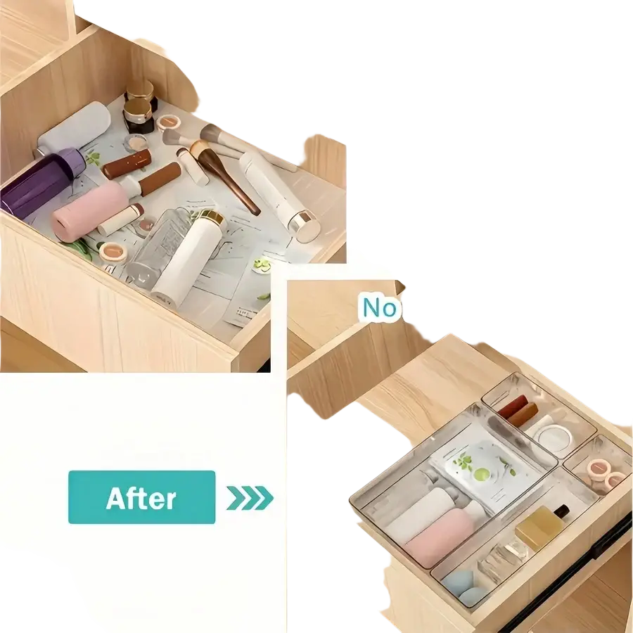Clear plastic drawer organizer set with multiple compartments for organizing makeup and office supplies
