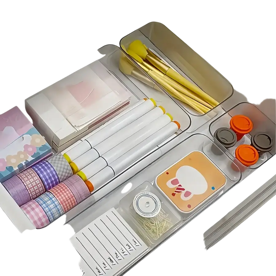 Clear plastic drawer organizer set with multiple compartments for organizing makeup and office supplies