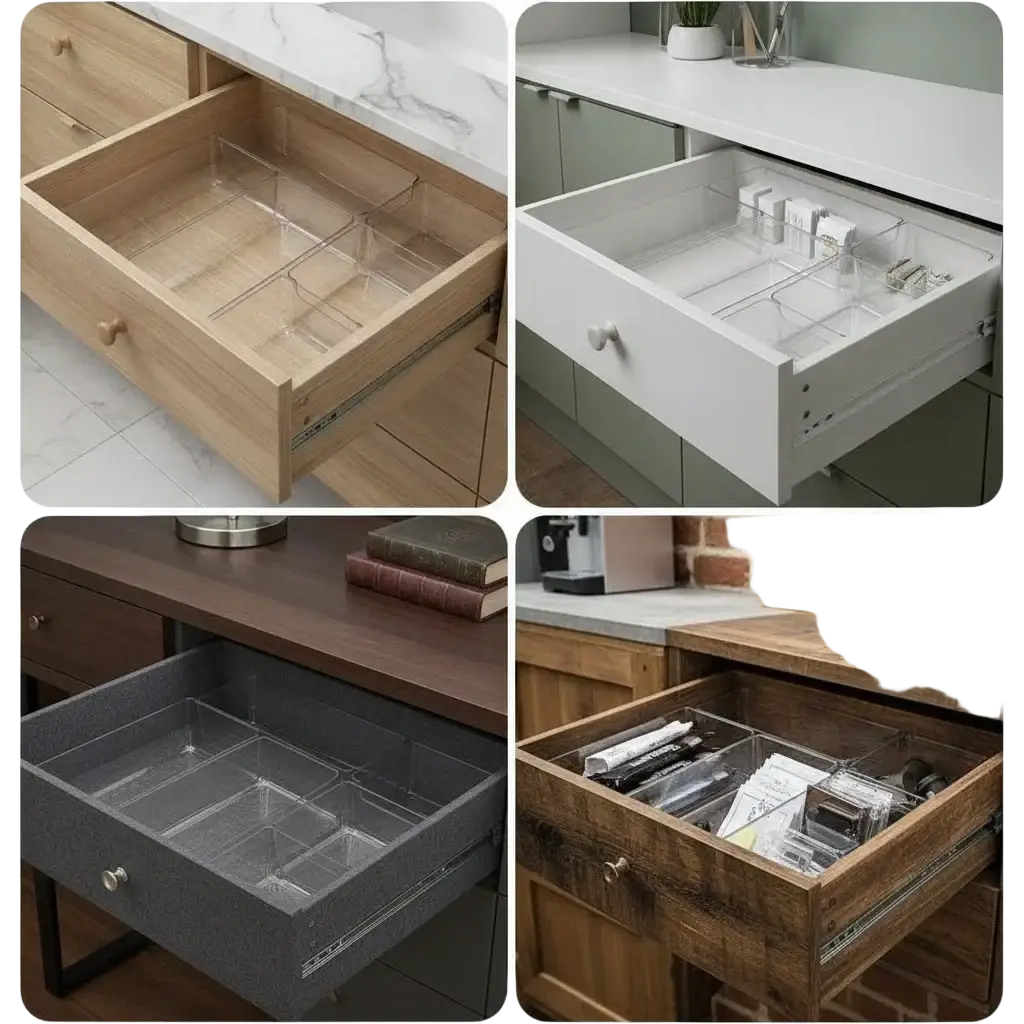 Clear plastic makeup organizer drawer storage bins with segmented compartments in wooden and gray cabinet drawers
