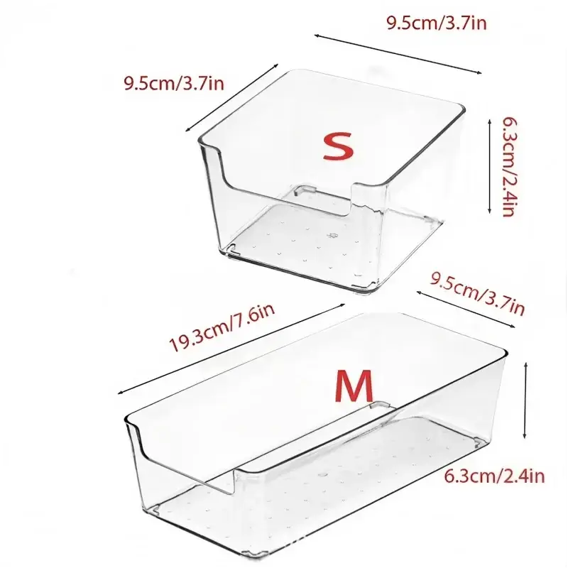 Clear plastic makeup organizer with rectangular storage bins in small and medium sizes featuring rounded corners and shallow depth