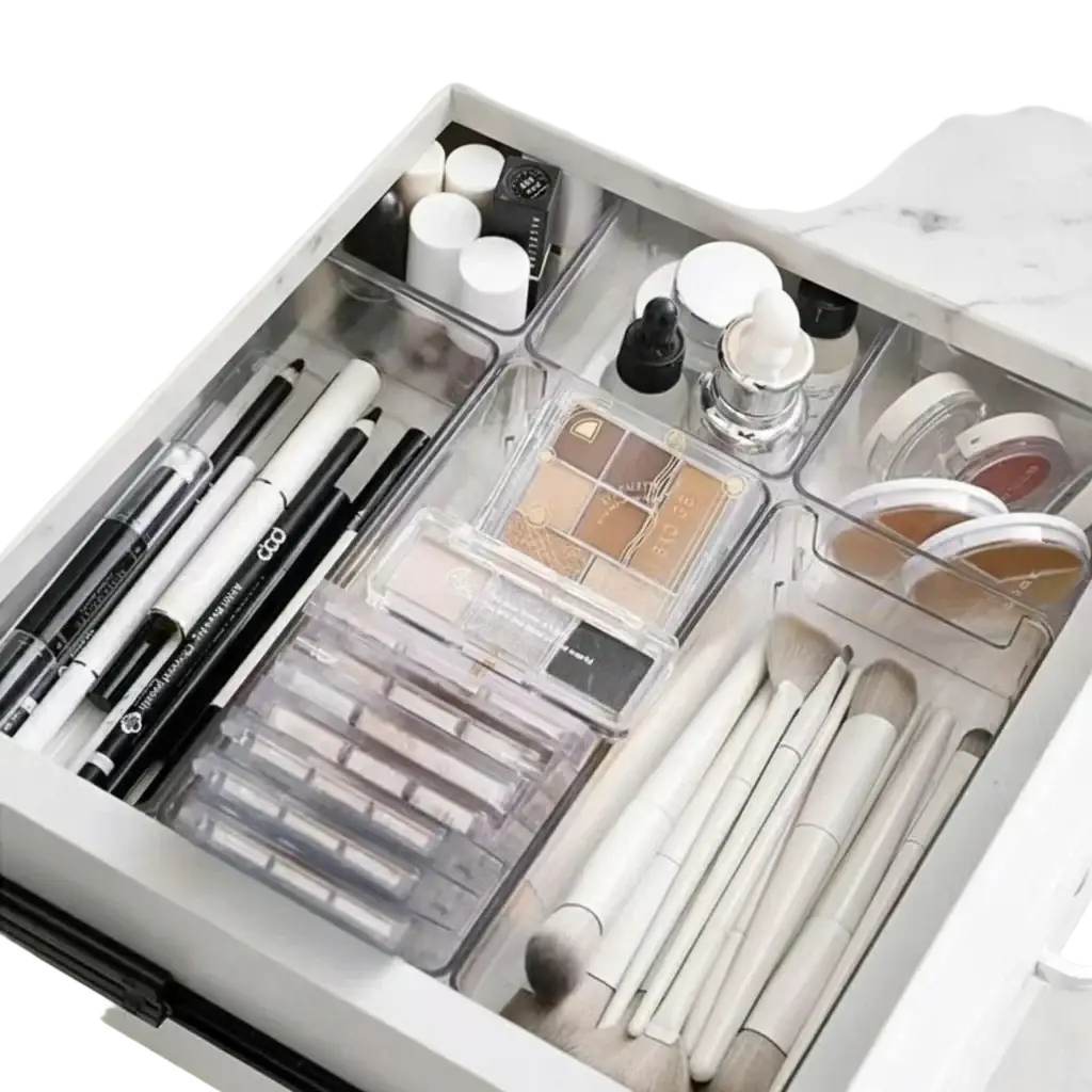 Clear plastic makeup organizer with segmented compartments for brushes eyeliners palettes and bottles storage bins