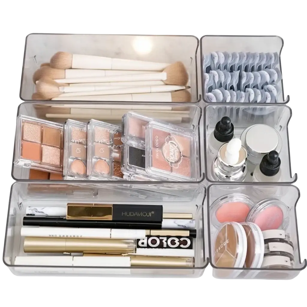 Clear plastic makeup organizer and drawer storage bins with compartments holding brushes palettes skincare and compacts