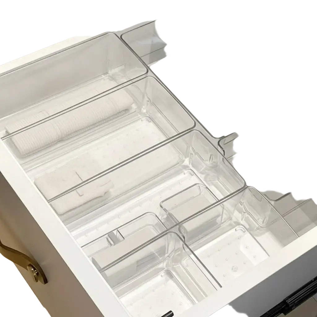 Clear plastic makeup organizer with sleek minimalist design for drawer storage and makeup organization