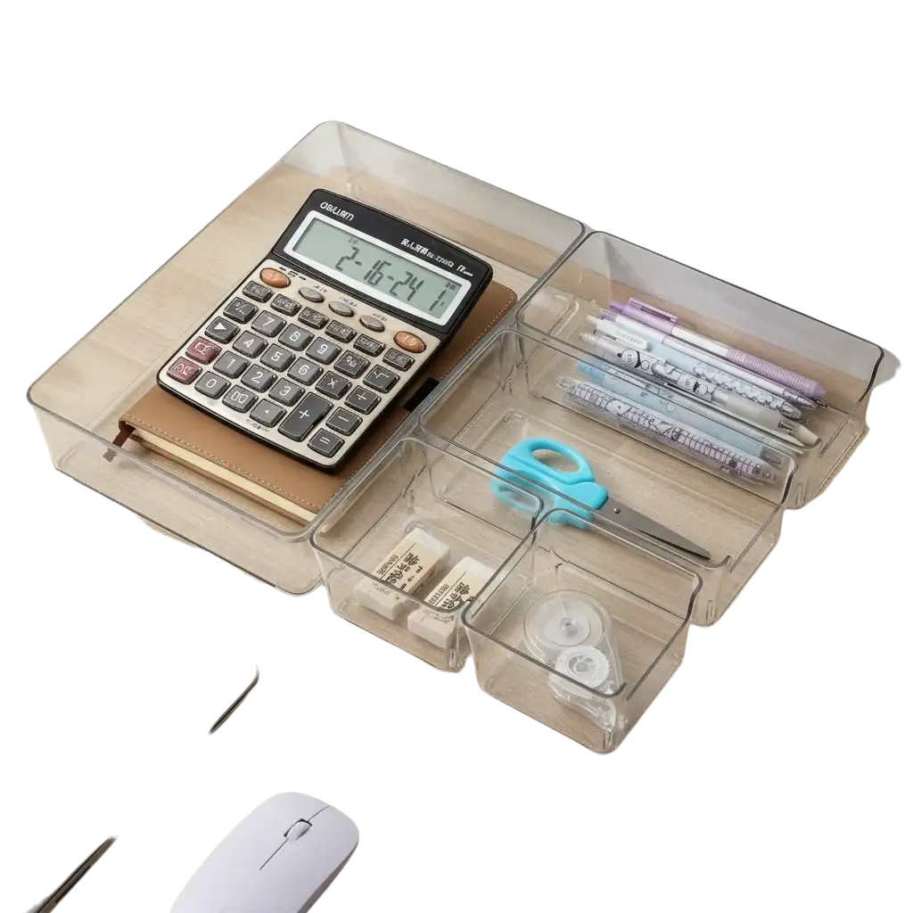 Clear plastic makeup organizer with multiple compartments for desk and drawer storage of office supplies