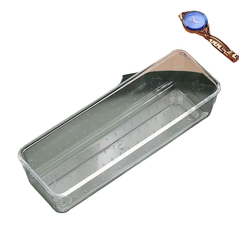 Clear plastic makeup organizer with a rectangular shape rounded corners and smooth transparent surface for storage