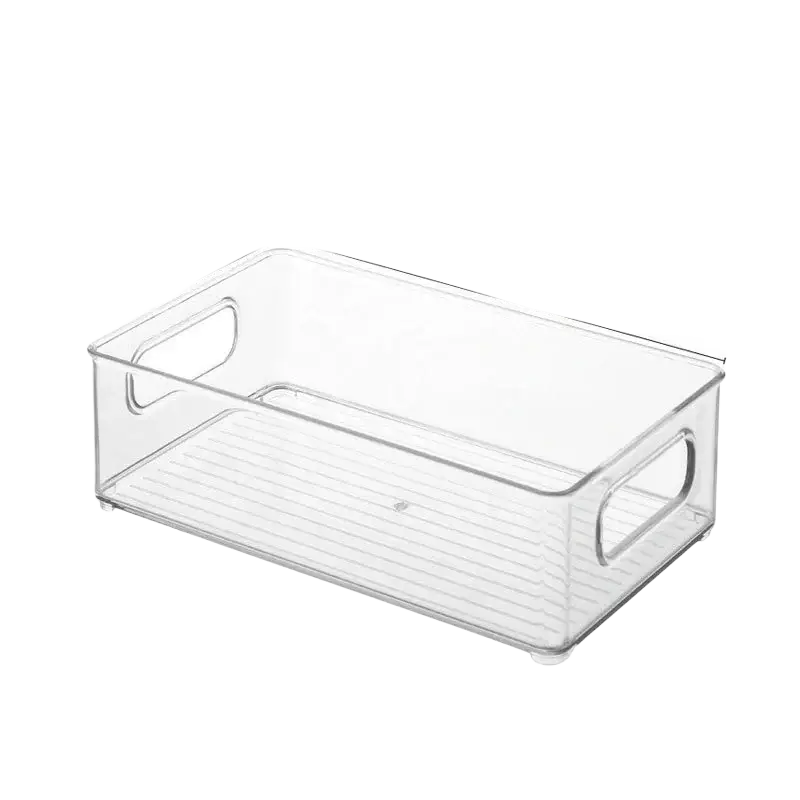 Clear plastic makeup organizer rectangular storage bin with integrated handles and ribbed interior base for drawers