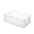 Clear plastic makeup organizer rectangular storage bin with integrated handles and ribbed interior base for drawers