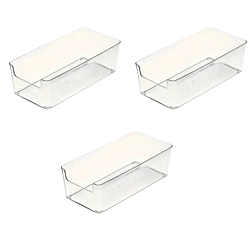 Clear plastic makeup organizer rectangular storage bins with perforated interior and smooth edges for drawers