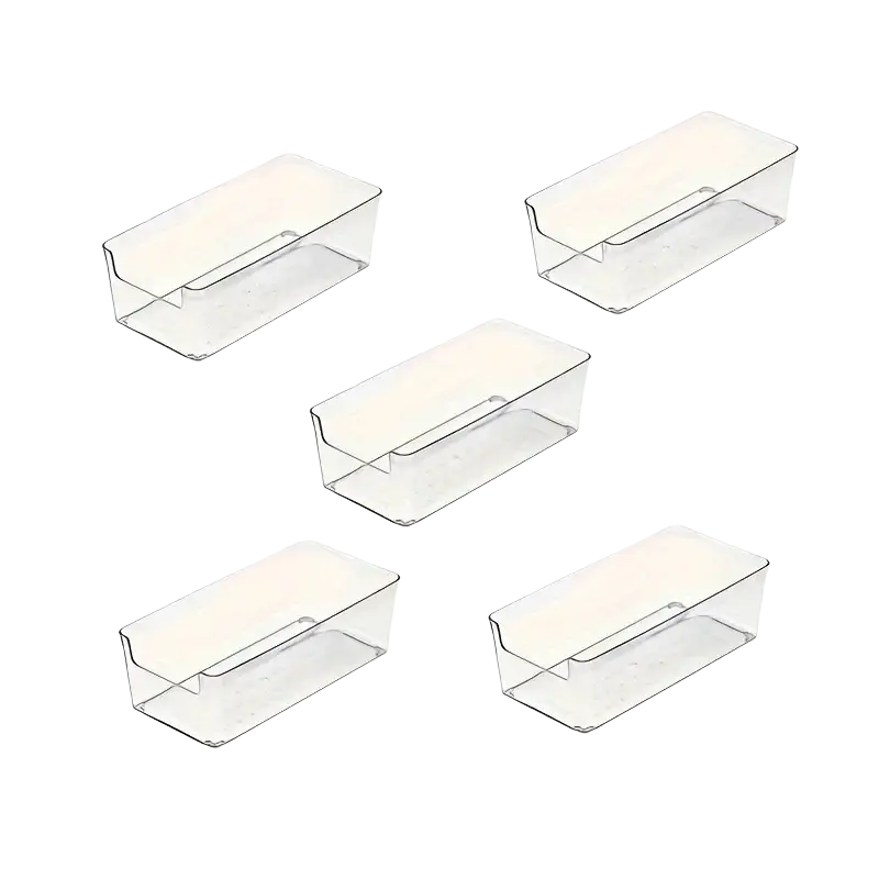 Clear plastic makeup organizer with rectangular shallow open-top storage bins for drawer use