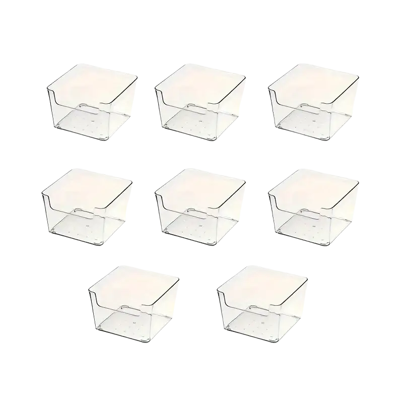 Clear plastic makeup organizer bins with handles made of transparent square plastic for drawer storage and makeup organization
