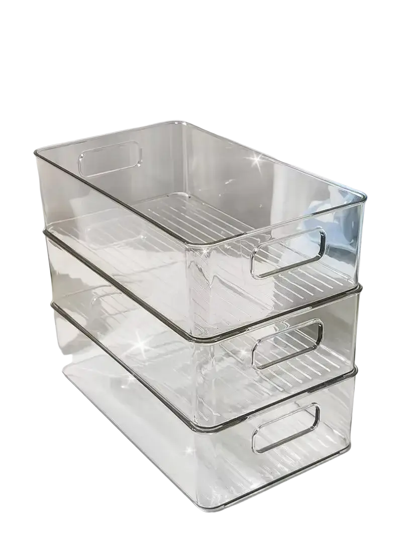 Clear plastic makeup organizer stackable storage bins with black trim and integrated handles for drawer use