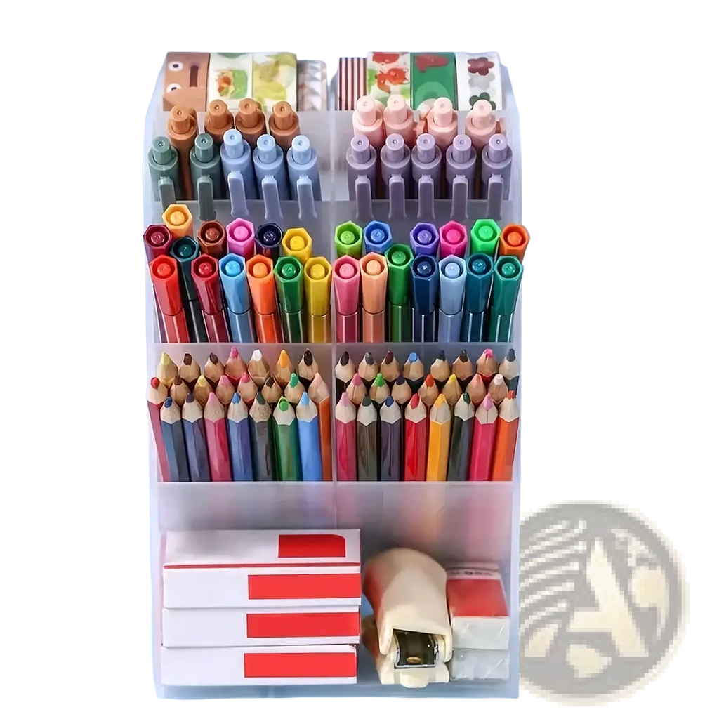 Clear plastic pen holder desktop stationery organizer with multiple compartments holding colorful markers and pencils