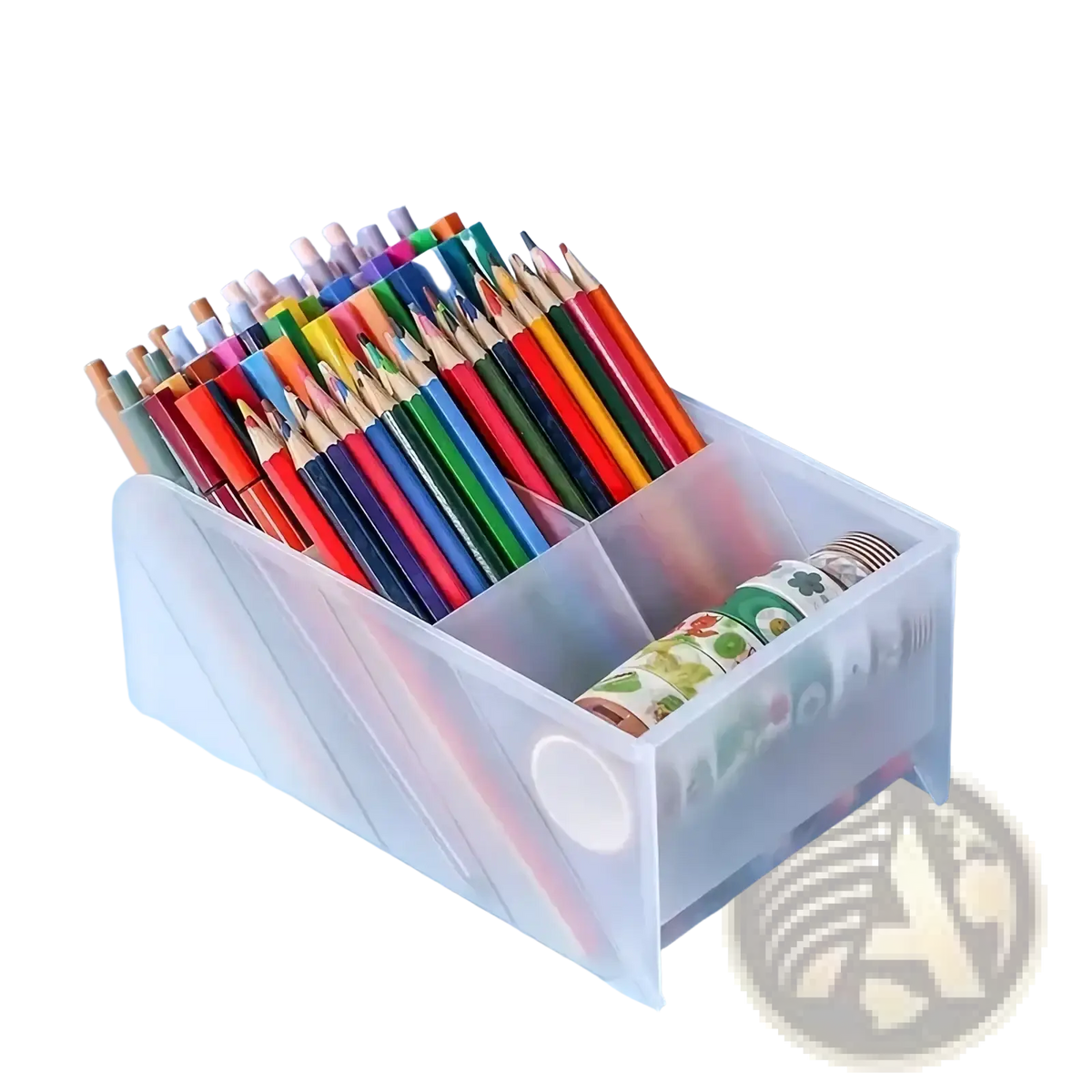 Clear plastic pen holder desktop stationery organizer with divided compartments holding colorful pencils and washi tape