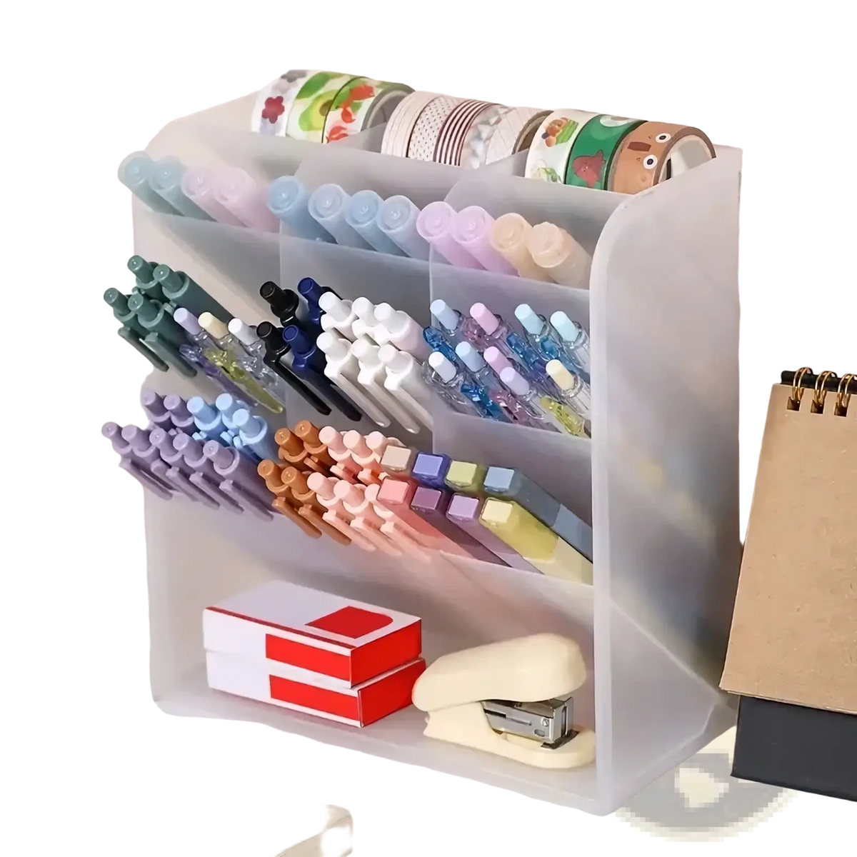 Clear plastic pen holder desktop stationery organizer with multiple compartments holding colorful pens pencils and washi tape rolls