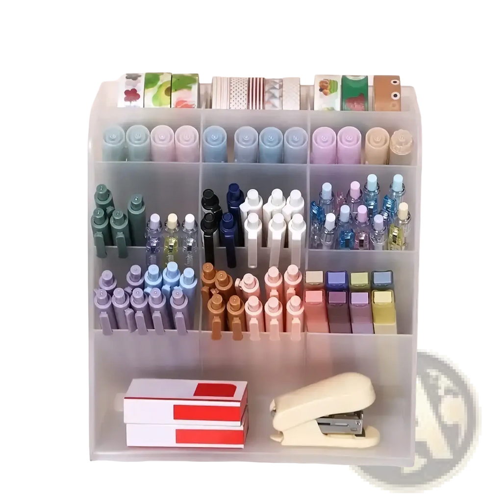 Clear plastic pen holder desktop stationery organizer with multiple compartments holding colorful pens and a stapler