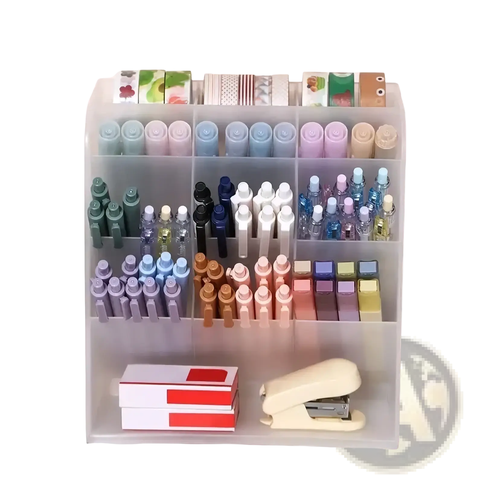 Clear plastic pen holder desktop stationery organizer with multiple compartments holding colorful pens and a stapler
