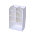 White plastic desktop stationery organizer with six compartments for clear plastic pen holder storage
