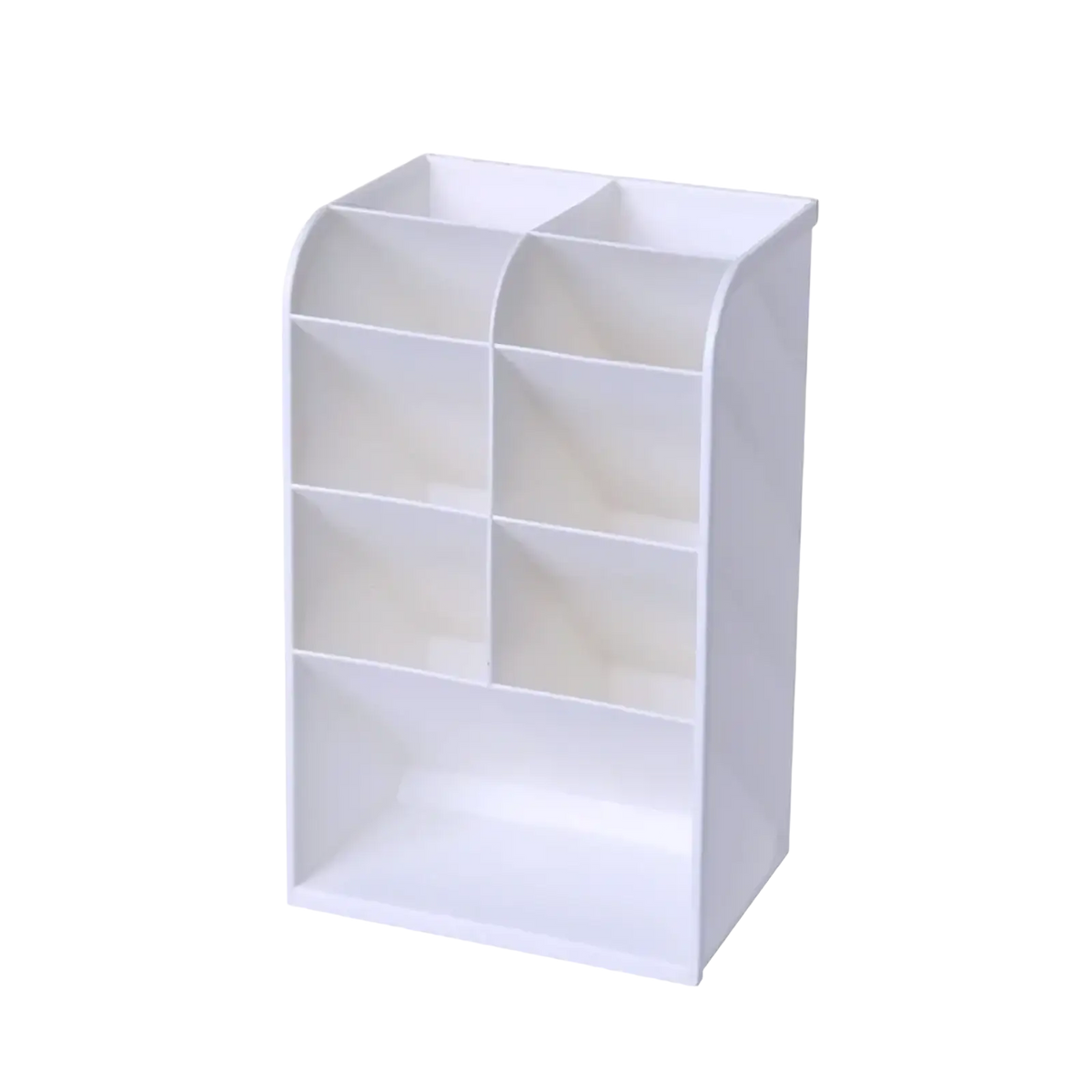 White plastic desktop stationery organizer with six compartments for clear plastic pen holder storage