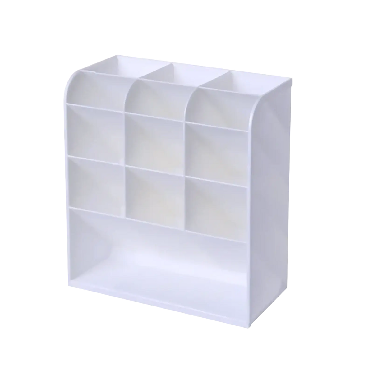 White plastic clear plastic pen holder desktop stationery organizer with nine compartments in three rows and columns