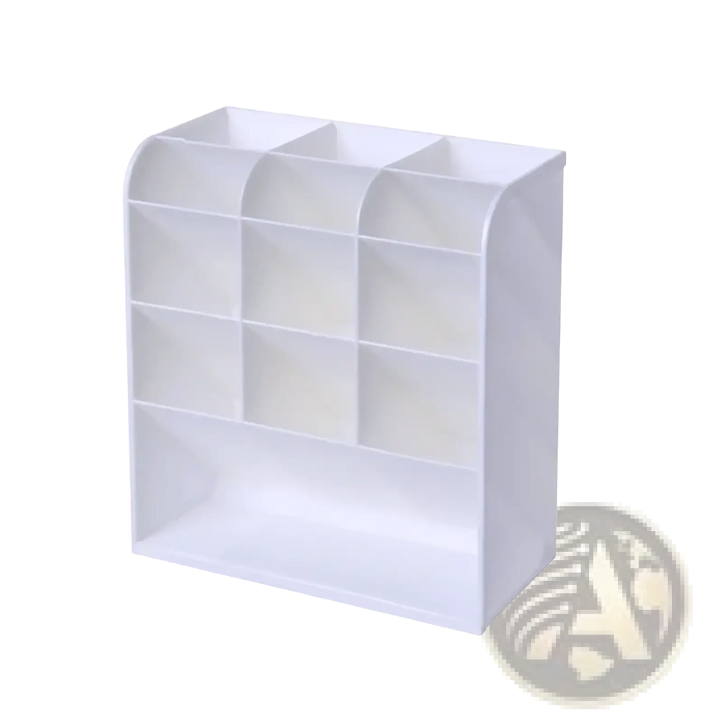 White plastic clear plastic pen holder desktop stationery organizer with nine compartments in three rows and columns