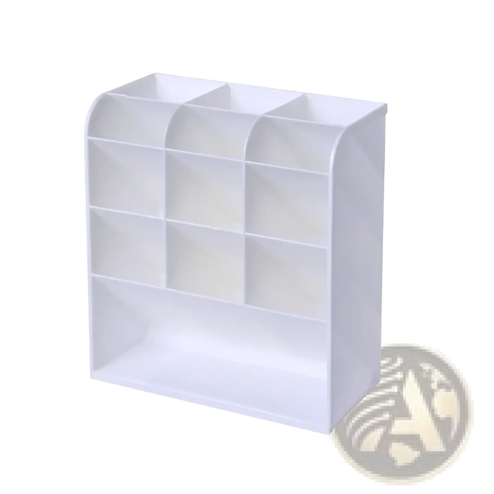 White plastic clear plastic pen holder desktop stationery organizer with nine compartments in three rows and columns