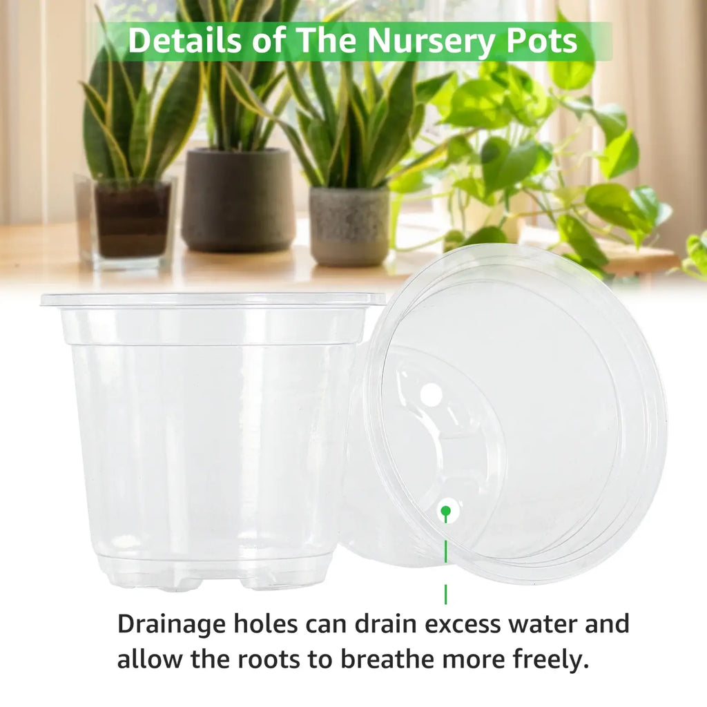 Clear plastic planter with drainage holes and matching lid designed for excess water drainage 30 pack plastic planter