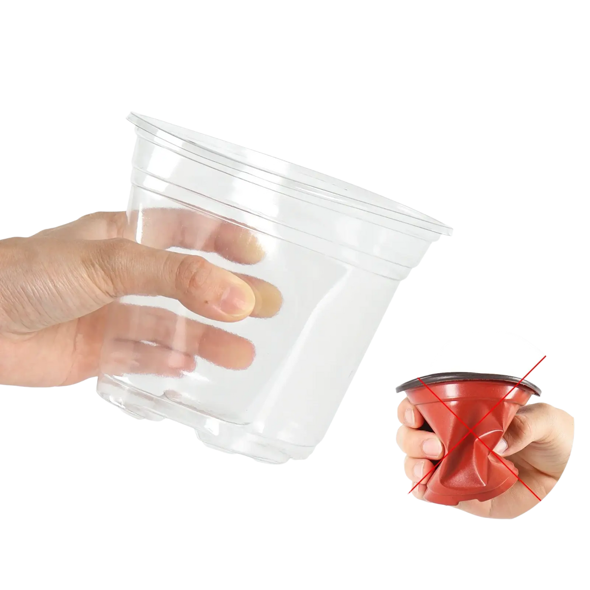 Clear plastic planter with drainage holes in a reusable sturdy plastic cup design 30 pack set