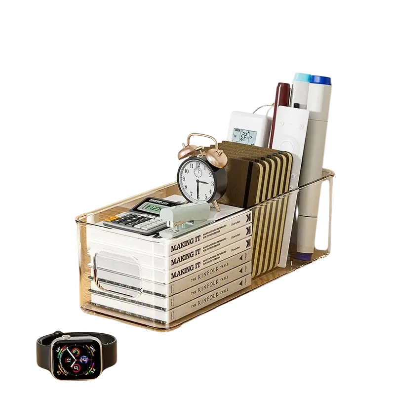 Clear plastic acrylic desk organizer bin with handles holding books and office supplies for refrigerator or office use