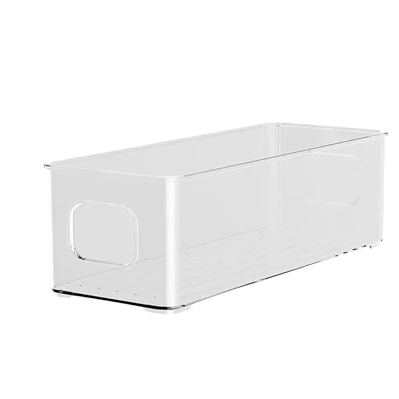 Clear plastic rectangular refrigerator organizer bin with handles and a handle on one side for easy carrying