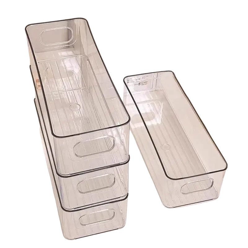 Clear plastic refrigerator organizer bins with black trim and integrated handles for easy storage and access