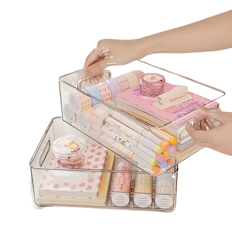 Clear plastic stackable tiered desk organizer made of clear acrylic with two tiers and transparent carrying handles