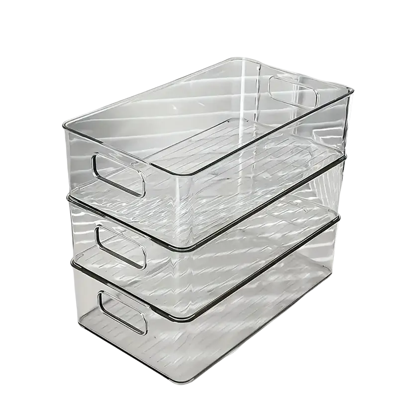 Clear plastic stackable tiered desk organizer with black trim and integrated handles for efficient storage