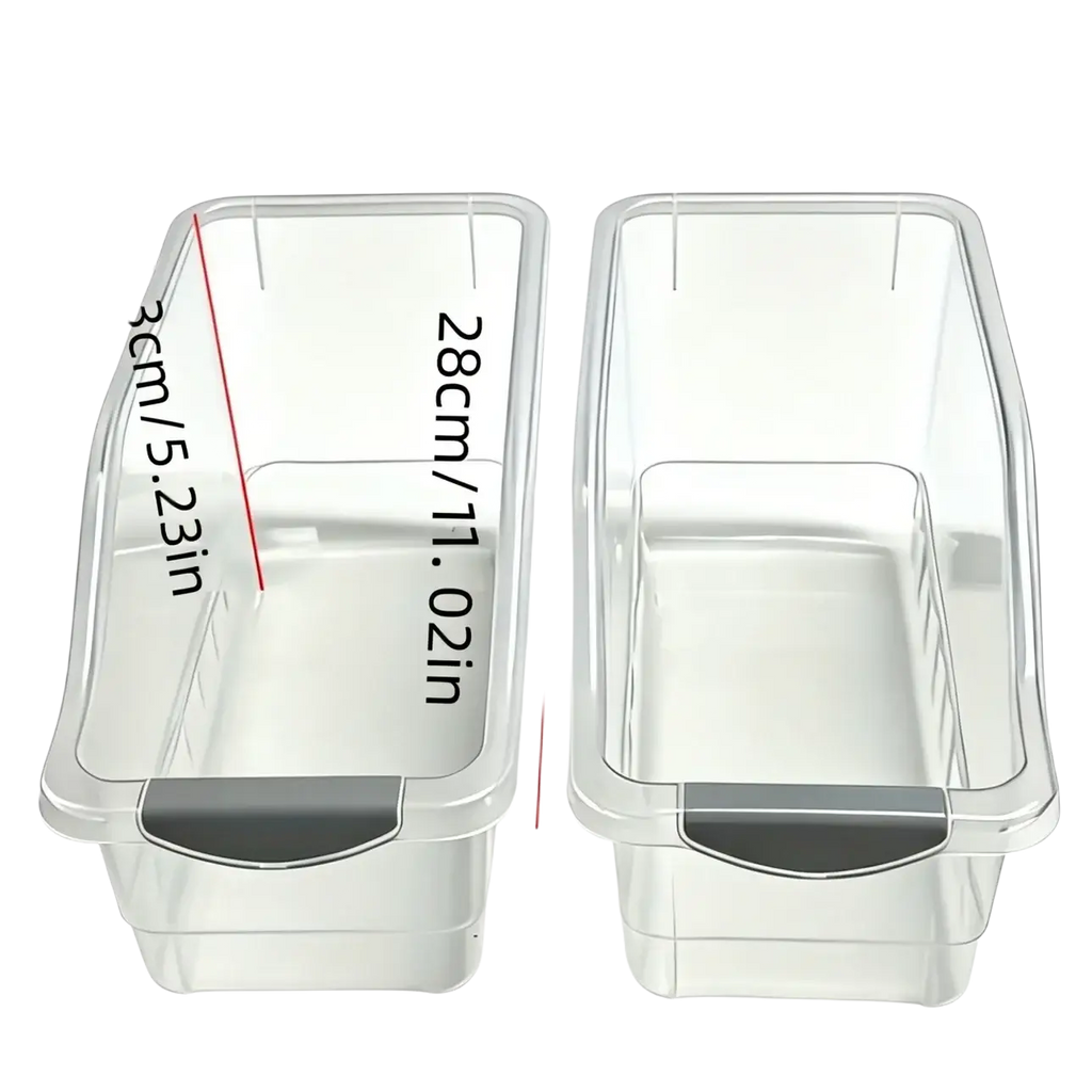 Clear plastic storage boxes with gray lids and handles in two sizes for organized storage solutions
