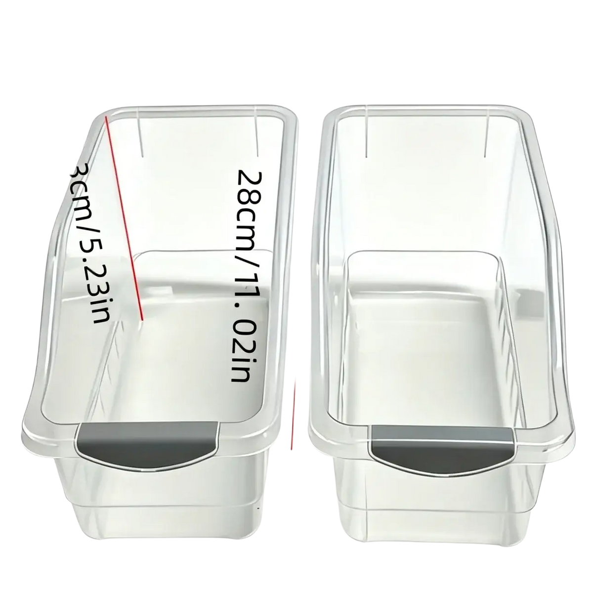 Clear plastic storage boxes with gray lids and handles in two sizes for organized storage solutions