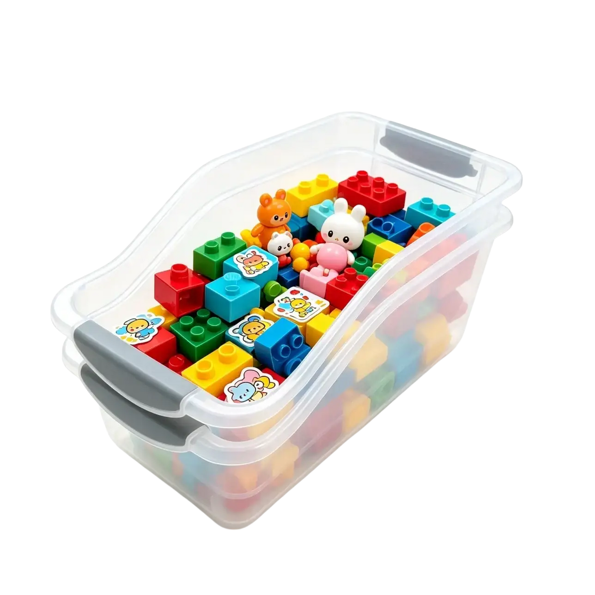 Clear plastic storage box with gray handles filled with colorful lego bricks and small animal figurines