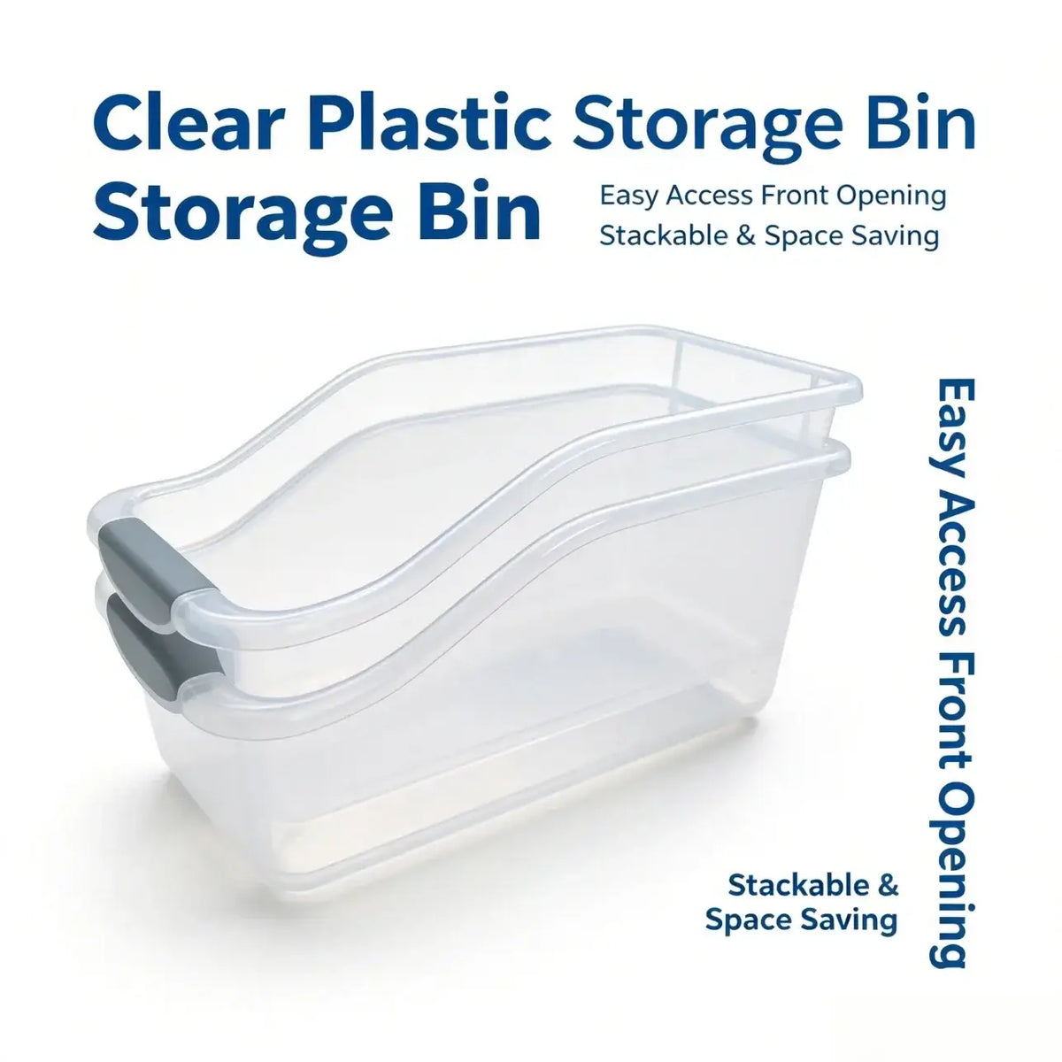 Clear plastic storage box with gray lid set featuring clear plastic bin with gray front-opening handles for easy access