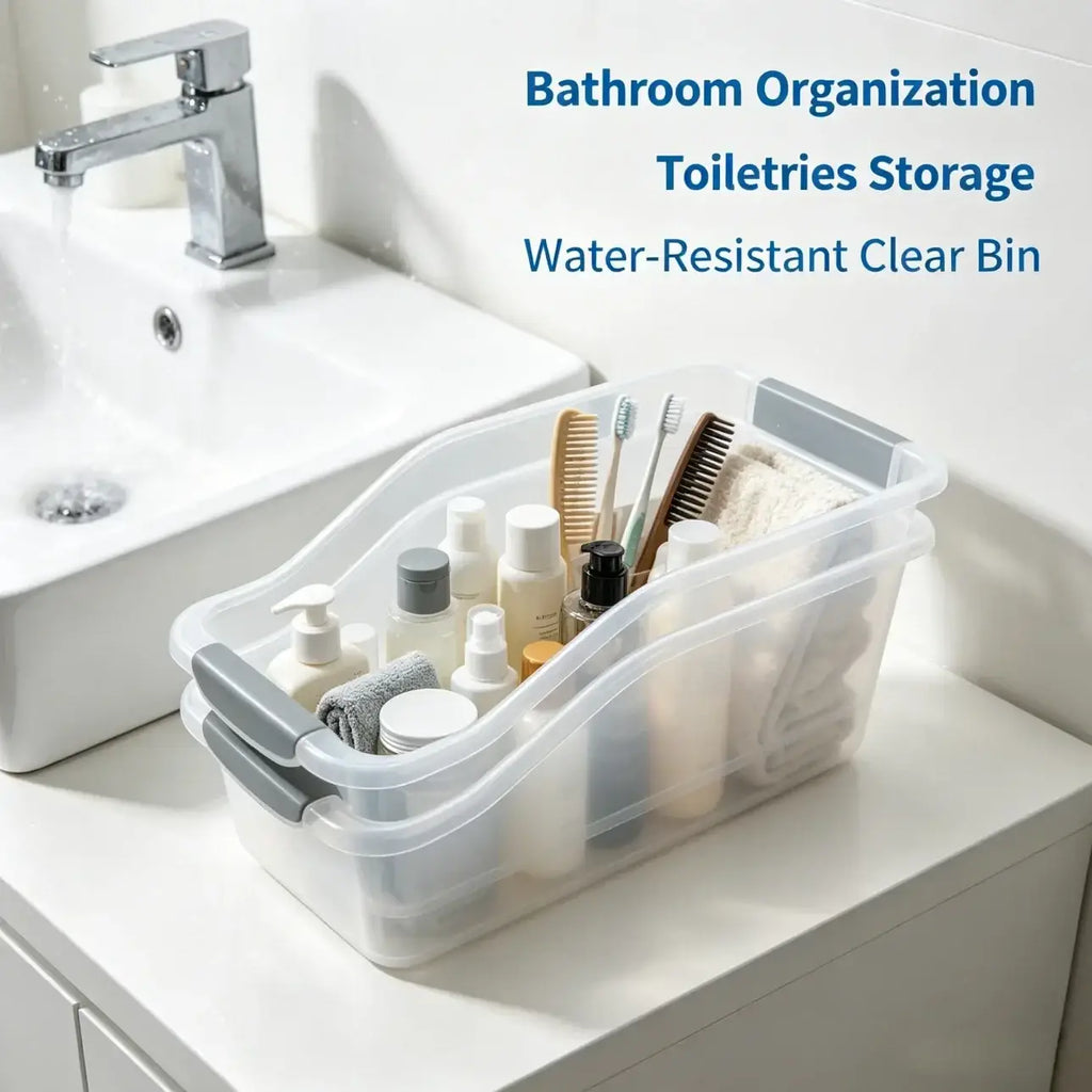 Clear plastic storage box with gray lid set featuring handles and a lid for organizing bathroom toiletries