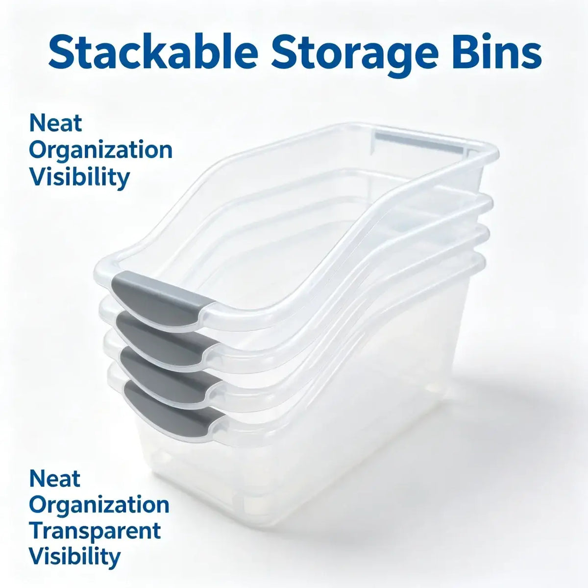 Clear plastic storage box set featuring stackable bins with gray handles made of durable plastic material