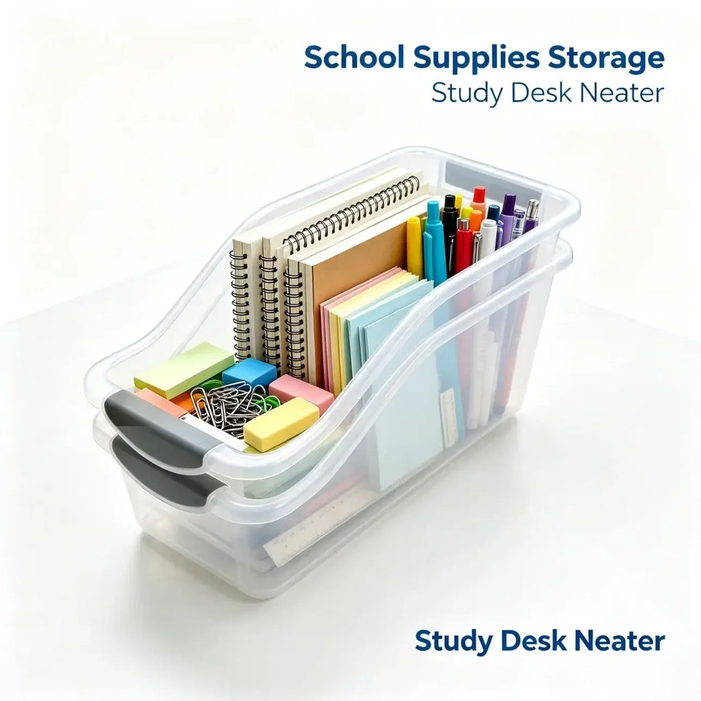 Clear plastic storage box with gray lid and handles designed to organize school supplies like notebooks and pens