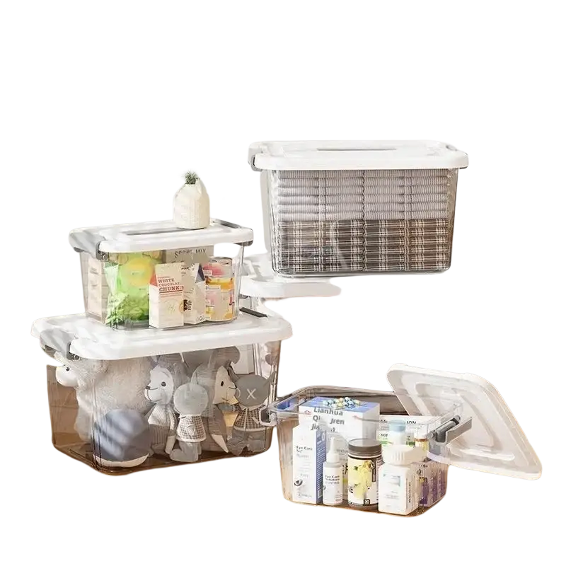Clear plastic storage box with lid and latches large size approximately featuring white handles and grid-patterned mesh side