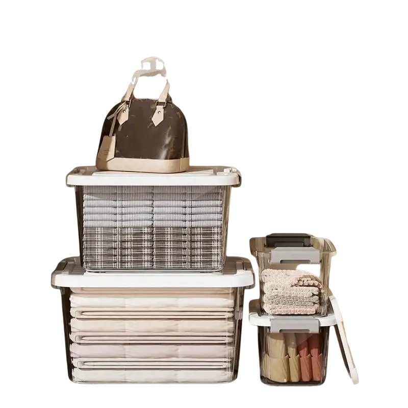 Clear plastic storage box with lid and latches in large size approximately featuring white lid and grid patterned side panels