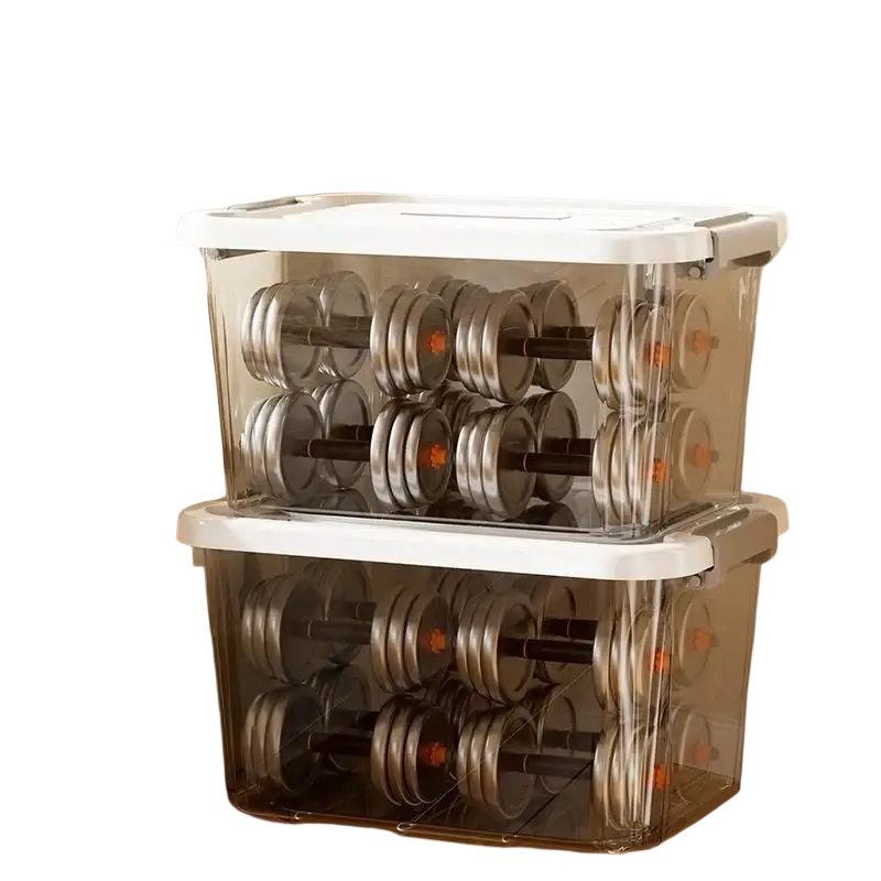 Clear plastic storage box with lid and latches containing multiple silver dumbbells in a large size approximately