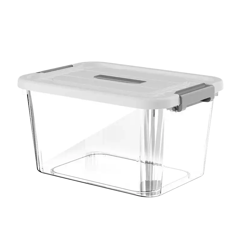 Clear plastic storage box with white lid and gray handle grips, large size approximately for secure organizing