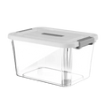 Clear plastic storage box with white lid and gray handle grips, large size approximately for secure organizing