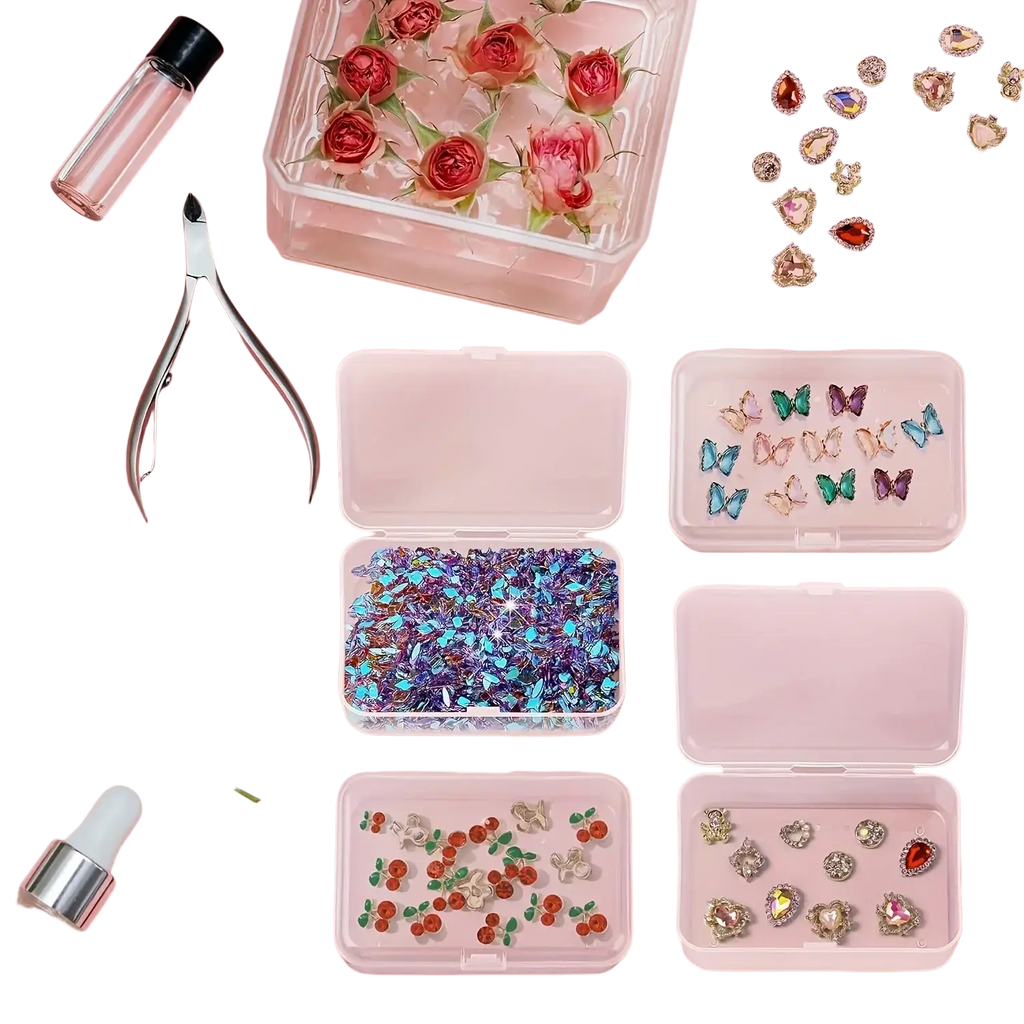 Clear plastic storage boxes for crafts and rhinestones holding colorful glittery rhinestones and decorative butterfly charms