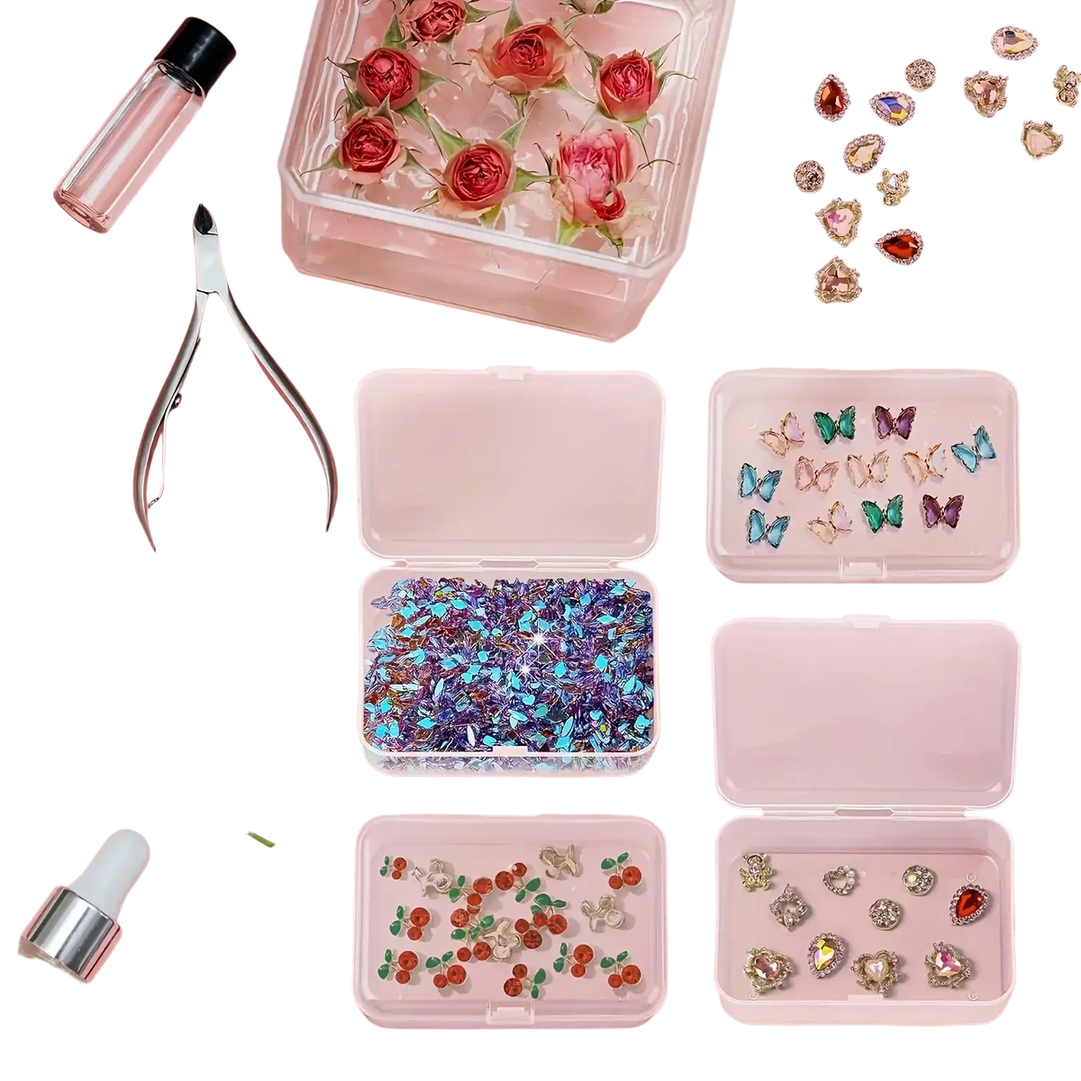Clear plastic storage boxes for crafts and rhinestones holding colorful glittery rhinestones and decorative butterfly charms